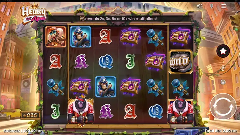 Main game screen featuring boomboxes, mics, and gorilla characters on a 6x4 grid with 4096 ways to win.