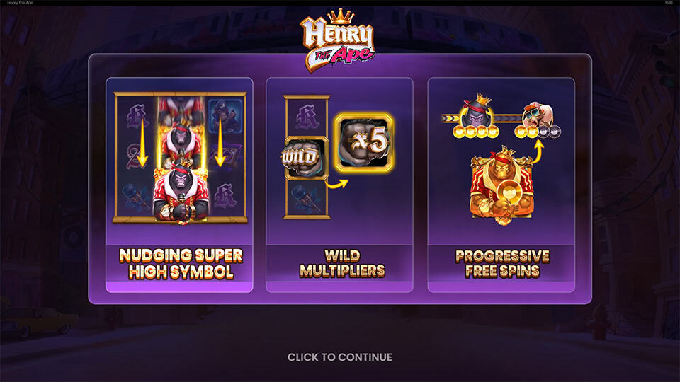 Intro screen displaying nudging high symbols, wild multipliers, and progressive free spins with gold crown visuals.