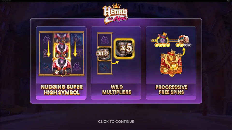 Intro screen displaying nudging high symbols, wild multipliers, and progressive free spins with gold crown visuals.