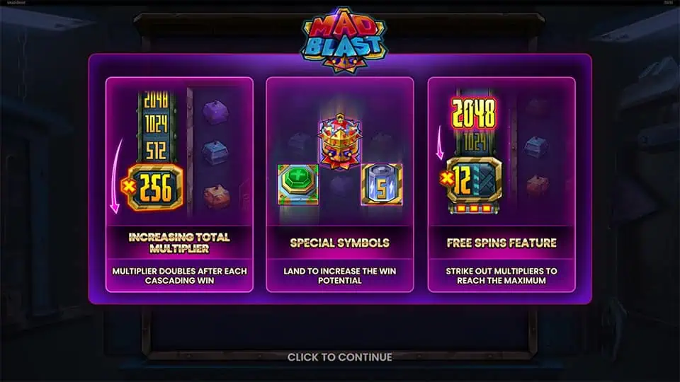 Homepage of Mad Blast slot introducing game features and bonus mechanics.