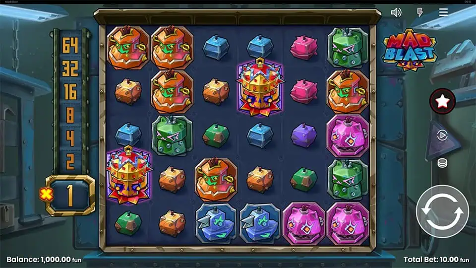 Preview of Mad Blast slot showing the reels and explosive-themed symbols in action.