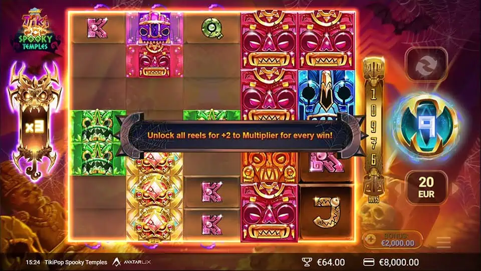 TikiPop Spooky Temples slot feature upgrade reels