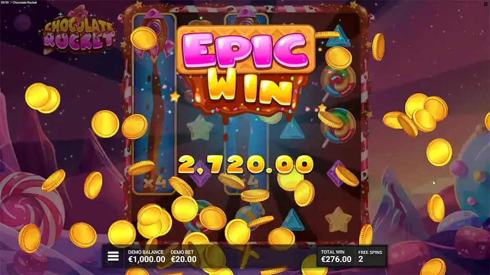 Epic win screen in Chocolate Rocket slot displaying a €2,720 payout.