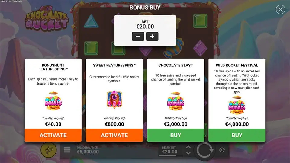 Buy feature in Chocolate Rocket slot offering Bonushunt Featurespins, Sweet Featurespins, Chocolate Blast, and Wild Rocket Festival options.