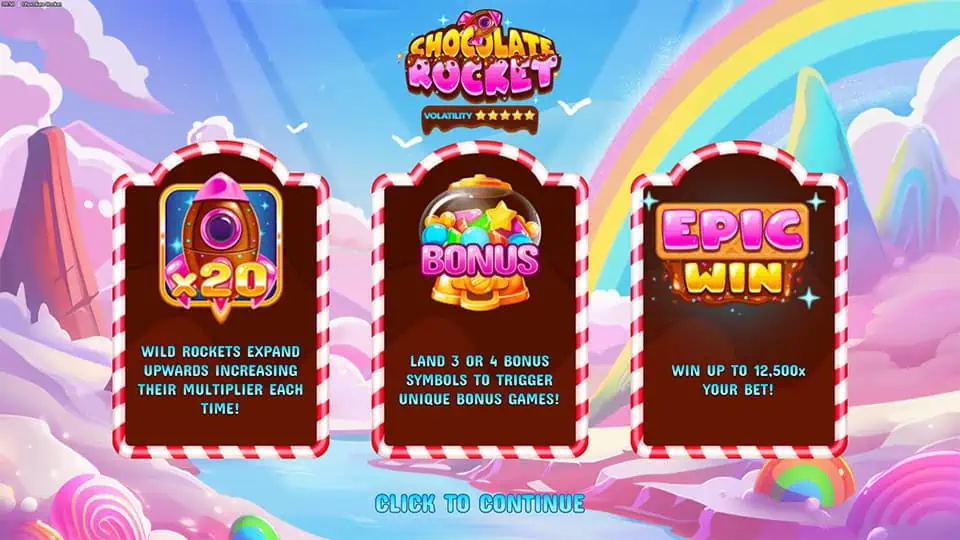 Homepage of Chocolate Rocket slot introducing game features and bonus mechanics.