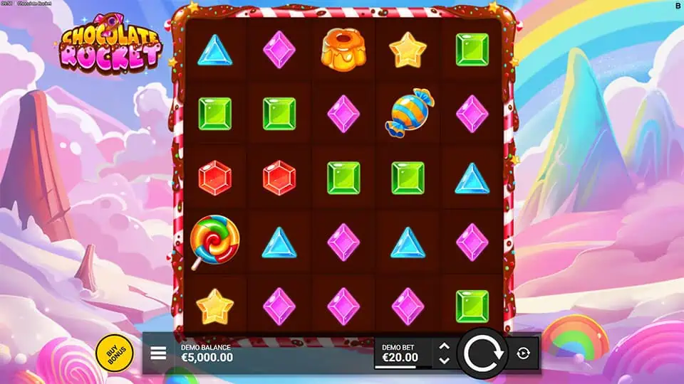 Preview of Chocolate Rocket slot showing the reels and candy-themed symbols.