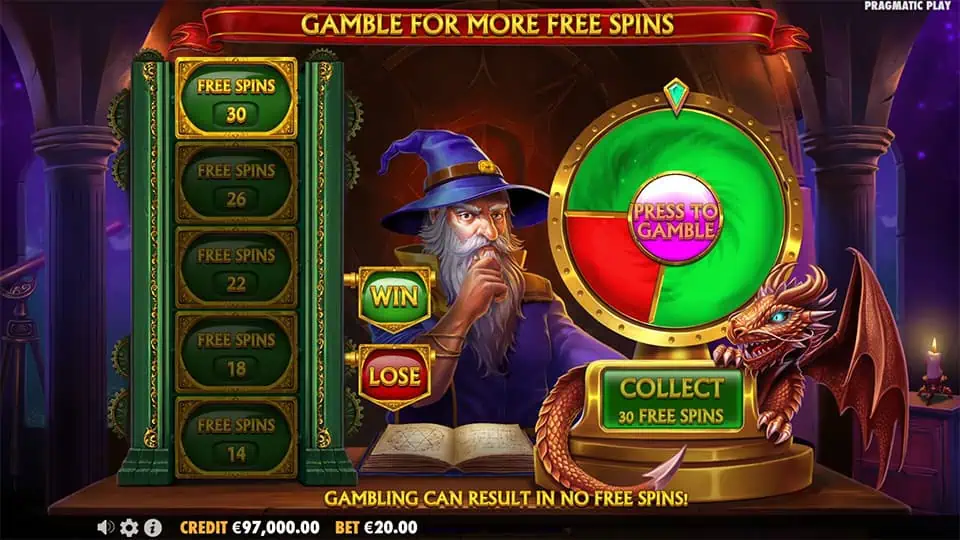 Merlins Madness Megaways slot feature gamble wheel