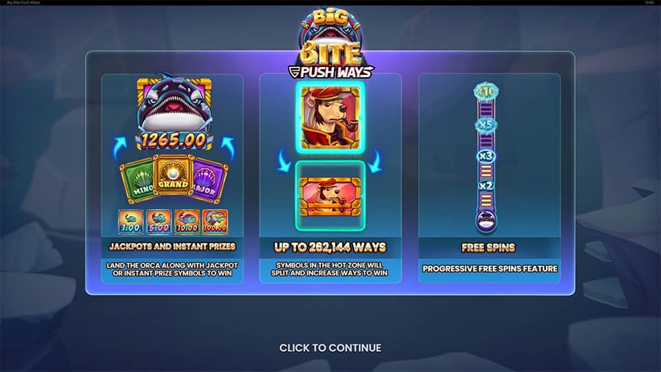 Big Bite Push Ways slot feature overview, showcasing jackpots, paylines, and special mechanics.