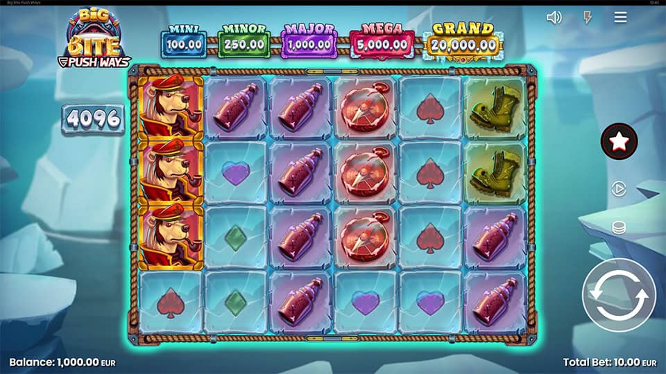 Gameplay preview of Big Bite Push Ways slot, showing symbols, reels, and jackpot values.