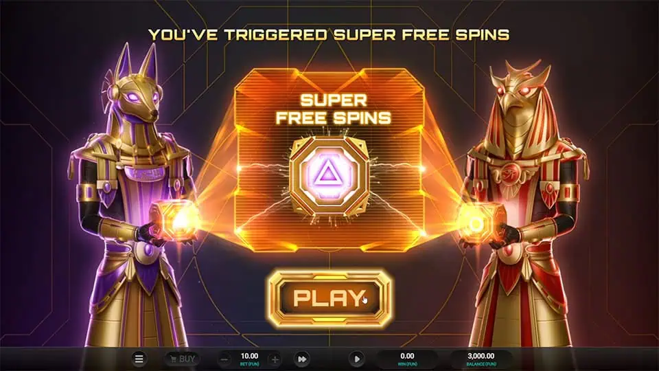 Super Free Spins bonus screen in Glyph of Gods slot appearing before the feature starts.