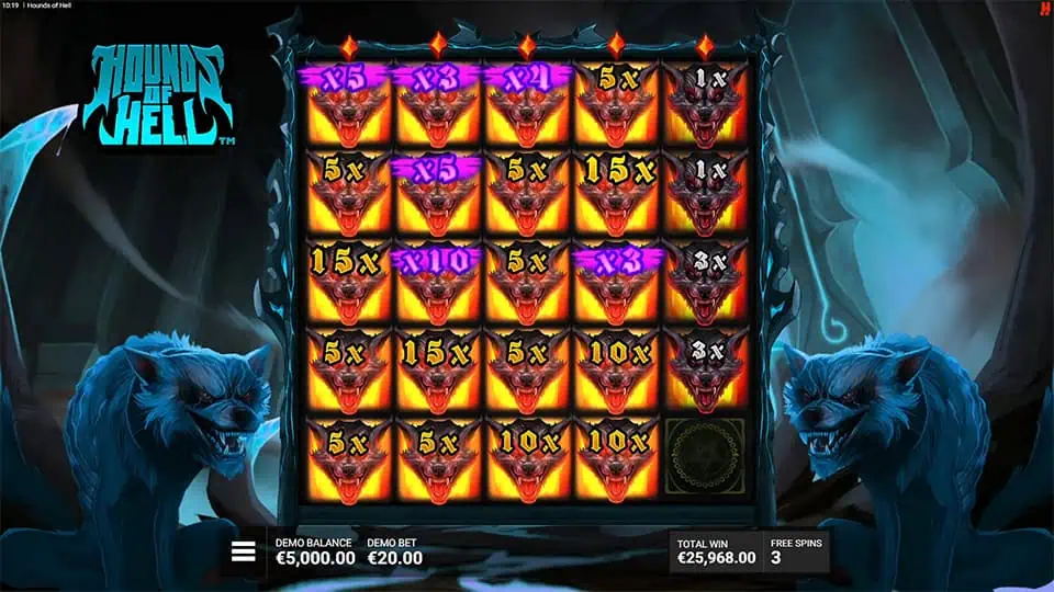 Hellhounds multipliers appearing in Hounds of Hell slot, offering cash prize boosts.