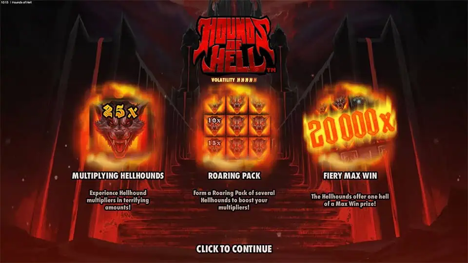 Homepage of Hounds of Hell slot introducing game features and bonus mechanics.