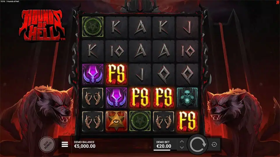 Four Star Scatter symbols appearing in Hounds of Hell slot, triggering the Who Let the Hounds Out?!? bonus.