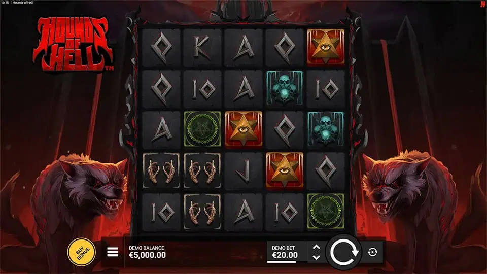 Preview of Hounds of Hell slot showing the reels and hellhound-themed symbols.