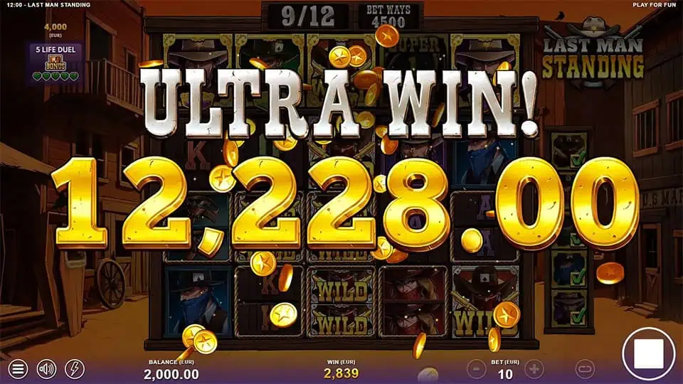 Ultra win screen in Last Man Standing slot showing a massive payout of €12,228.