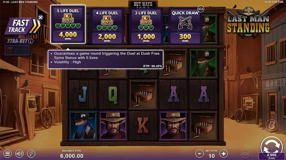 Bonus Buy options in Last Man Standing slot with Quick Draw, 3 Life Duel, 4 Life Duel, and 5 Life Duel selections.