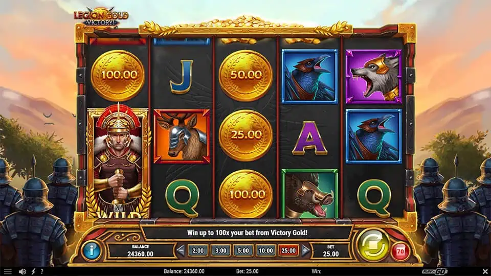 Four Prize Symbols appearing on the reels in Legion Gold Victory slot, indicating potential rewards.