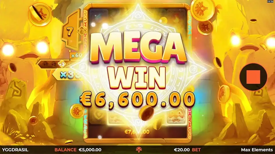 Mega Win screen in Max Elements slot displaying a €6,600 payout.