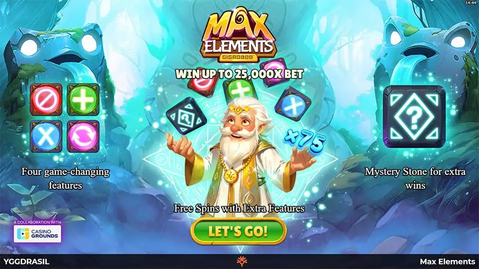 Homepage of Max Elements slot introducing game features and bonus mechanics.