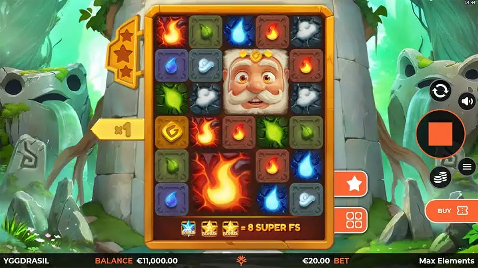 Preview of Max Elements slot showing the reels and elemental-themed symbols in action.