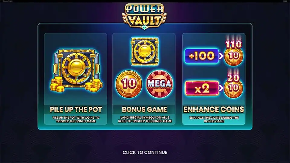 Homepage of Power Vault slot introducing game features and bonus mechanics.