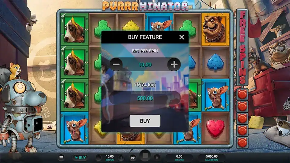 Buy Feature in Purrrminator slot allowing direct entry into the Free Spins Bonus for x50 the bet.