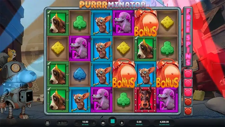 Three Bonus symbols appearing in Purrrminator slot, triggering the Free Spins bonus round.