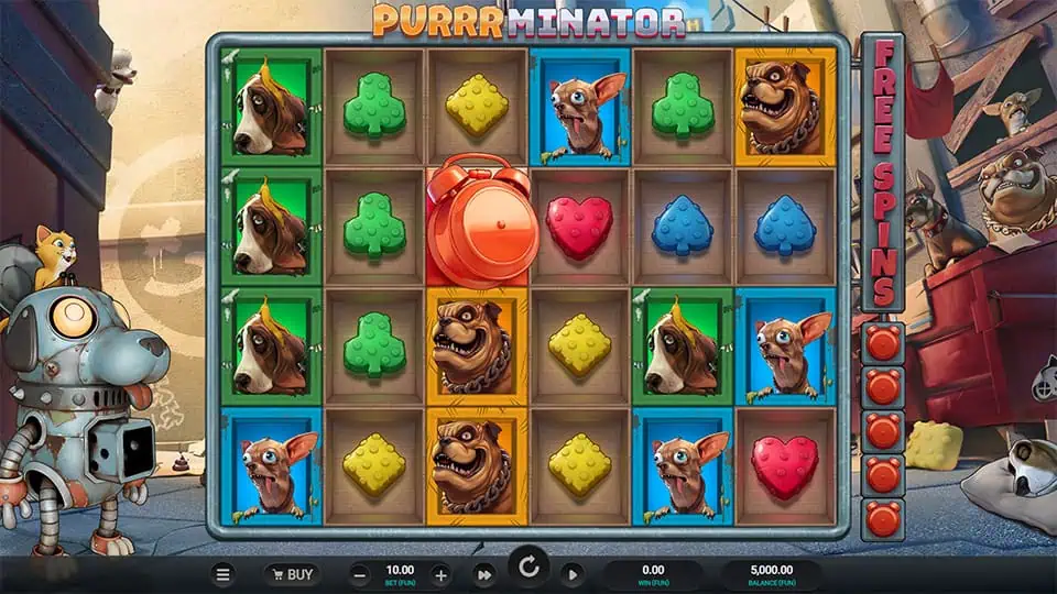 Preview of Purrrminator slot showing the reels and cyber-cat-themed symbols in action.