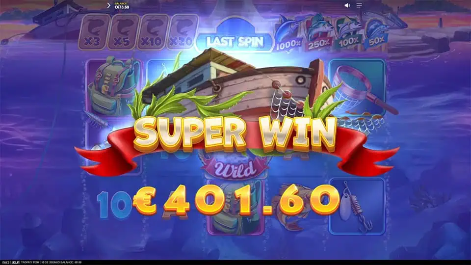 Super Win screen in Trophy Fish slot displaying a €401.60 payout.