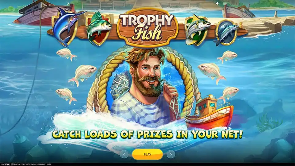 Homepage of Trophy Fish slot introducing game features and bonus mechanics.