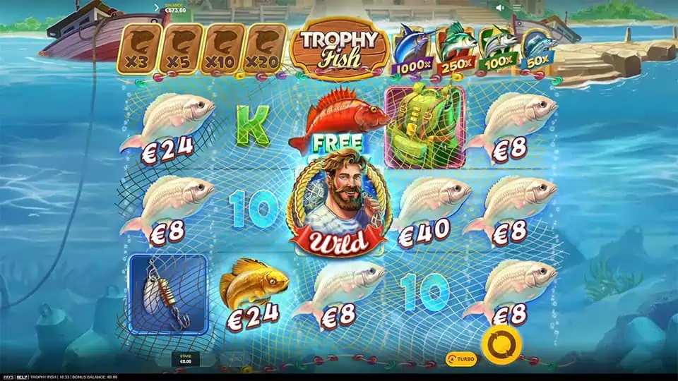 Free Spins symbol appearing in Trophy Fish slot, triggering the Bonus round.