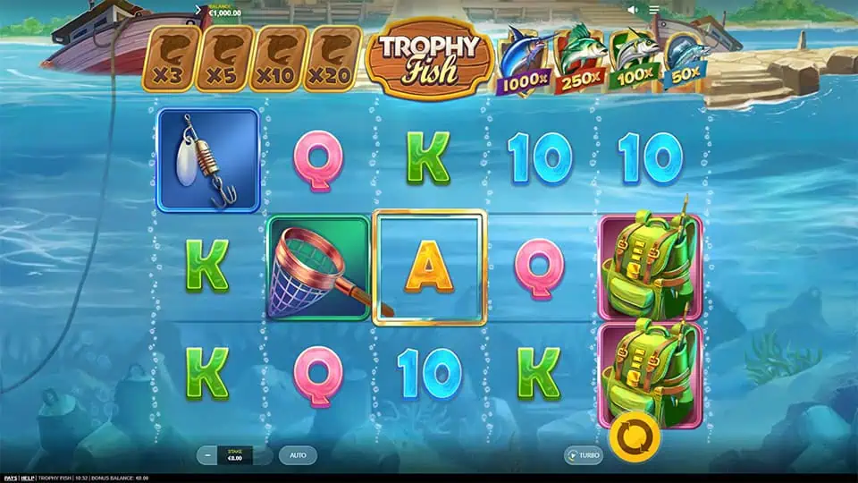 Preview of Trophy Fish slot showing the reels and fishing-themed symbols in action.