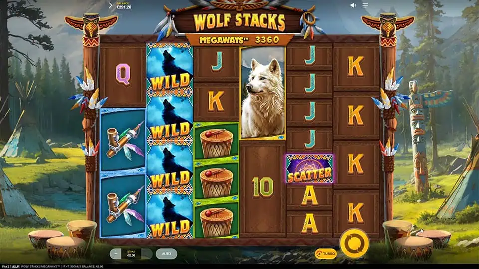 Four Wild stacked symbols appearing on reel 2 in Wolf Stacks Megaways slot, increasing win potential.