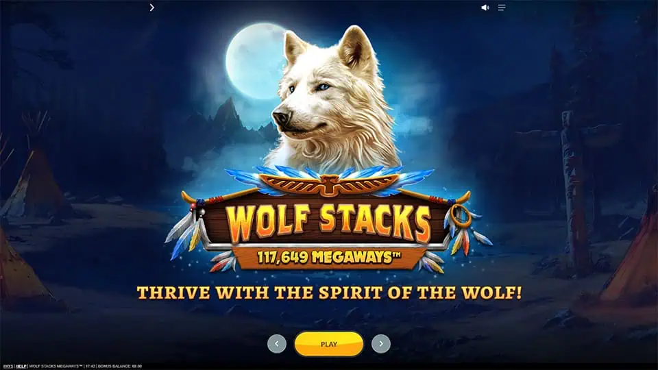 Homepage of Wolf Stacks Megaways slot introducing game features and bonus mechanics.