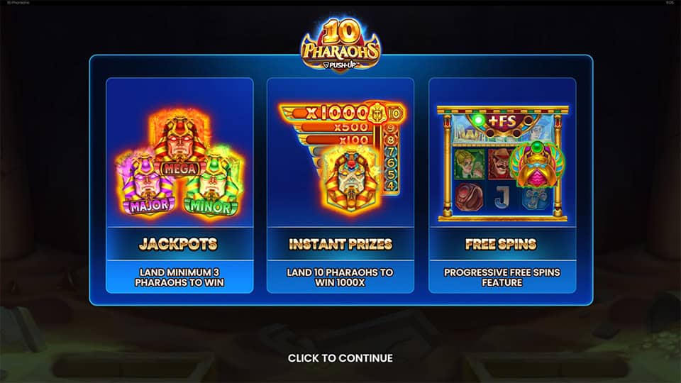 Intro screen showing jackpots, instant prizes, and the free spins mechanic.