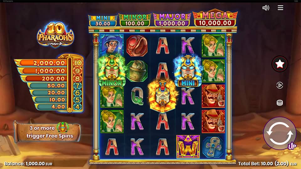 Main game screen of 10 Pharaohs showing symbols, jackpot tiers, and paylines.