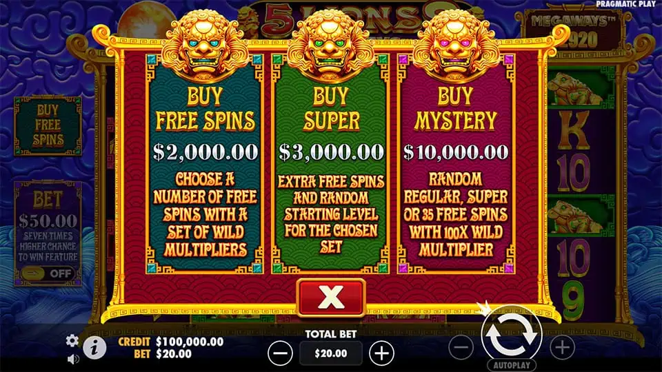 Buy Free Spins feature in 5 Lions Megaways 2 slot offering Buy Free Spins, Buy Super, and Buy Mystery options.