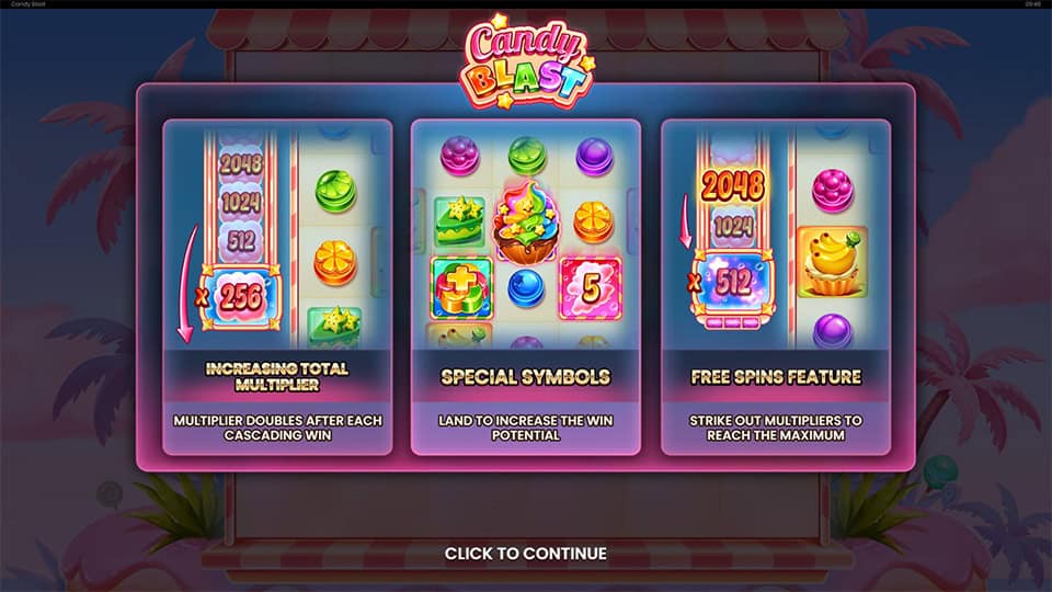 Candy Blast slot features screen explaining multipliers, special symbols, and free spins.