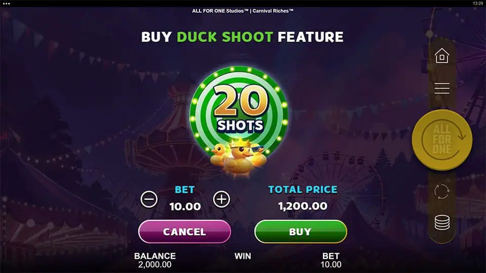 Buy Feature in Carnival Riches slot allowing direct entry into the Duck Shoot Feature for x120 the bet.