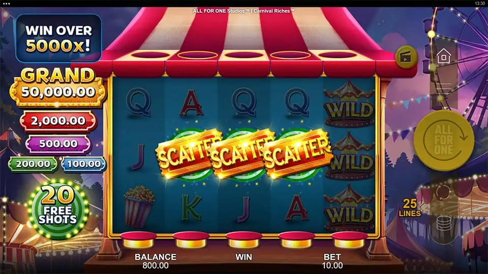 Three Scatter symbols appearing in Carnival Riches slot, triggering the Duck Shoot Feature.