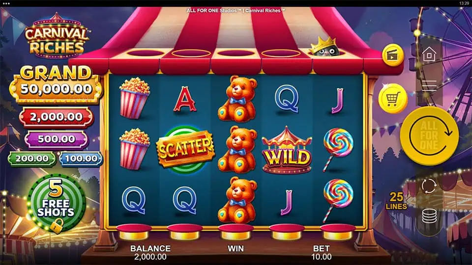 Preview of Carnival Riches slot showing the reels and carnival-themed symbols in action.