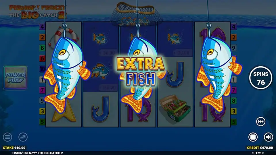 Pick a Fish feature in Fishin' Frenzy The Big Catch 2 slot showing the Extra Fish selection.