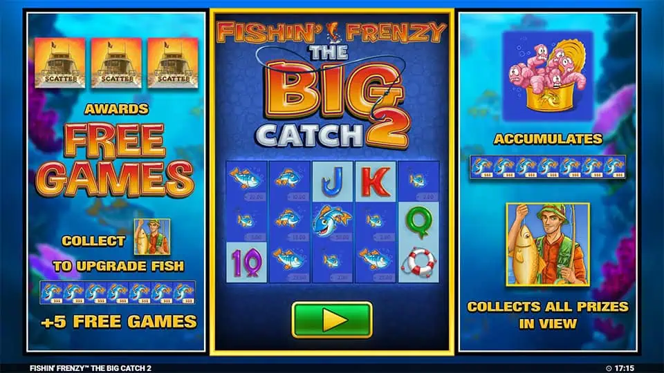 Homepage of Fishin' Frenzy The Big Catch 2 slot introducing game features and special mechanics.