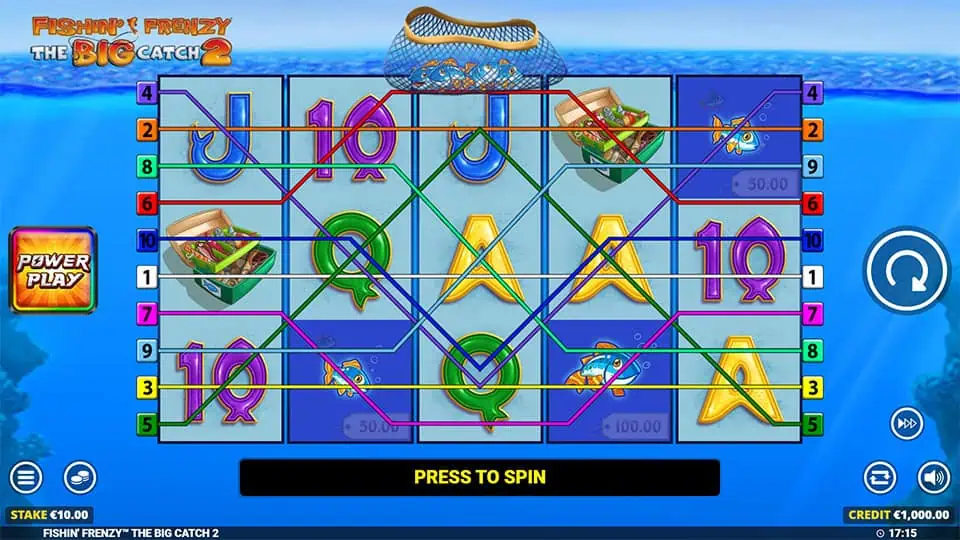 Preview of Fishin' Frenzy The Big Catch 2 slot showing the reels and fishing-themed symbols in action.