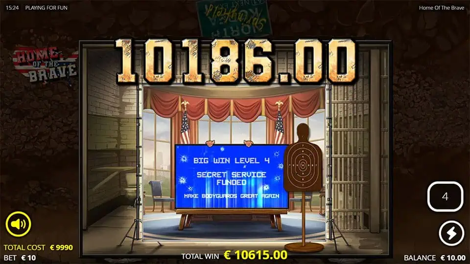 Big win of 10,186 coins in Home of the Brave with a Secret Service funding message.