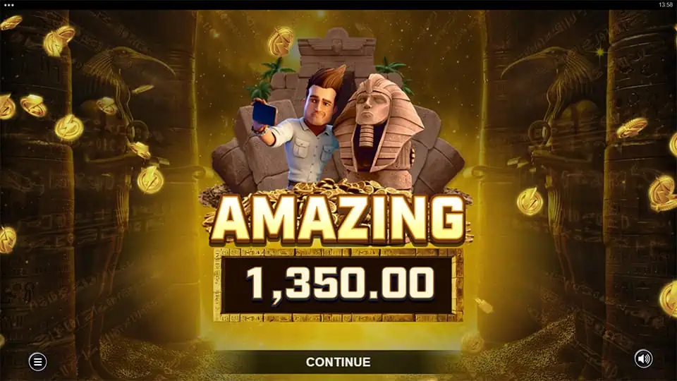 Amazing Win screen in Jungle Jim Gold Blitz slot displaying a €1,350 payout.