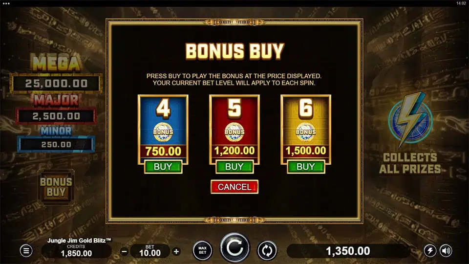 Buy Bonus feature in Jungle Jim Gold Blitz slot allowing players to purchase 4, 5, or 6 Scatter Symbols for 75x, 120x, or 150x the bet, increasing the chance for more Scatters and maximum feature potential.