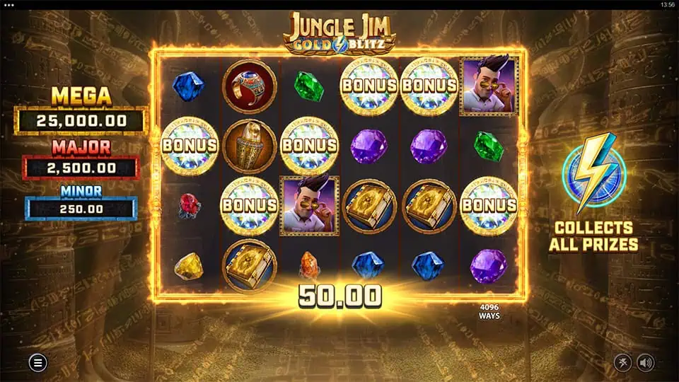 Six Bonus Scatter symbols appearing in Jungle Jim Gold Blitz slot, triggering the Free Spins bonus round.