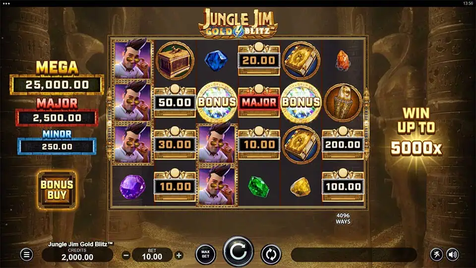 Preview of Jungle Jim Gold Blitz slot showing the reels and jungle expedition-themed symbols in action.