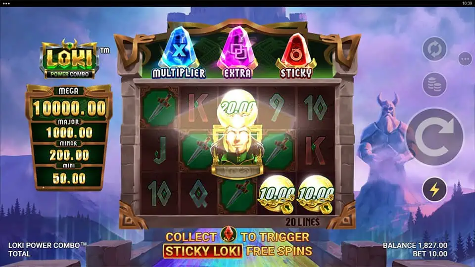 Loki Symbol appearing in Loki Power Combo slot, collecting three Money Symbols for extra rewards.